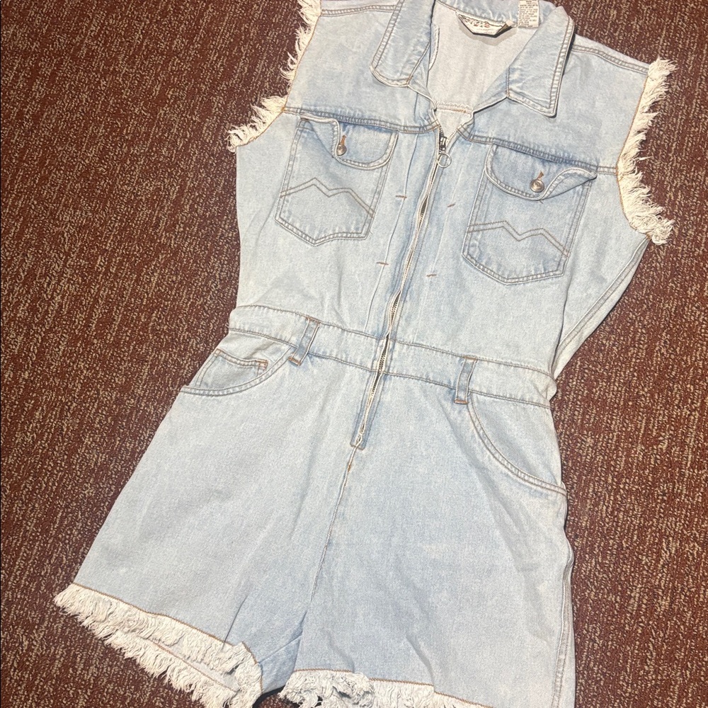 Vintage California gold rush 100% cotton Sleeveless Denim Romper with Fringe med